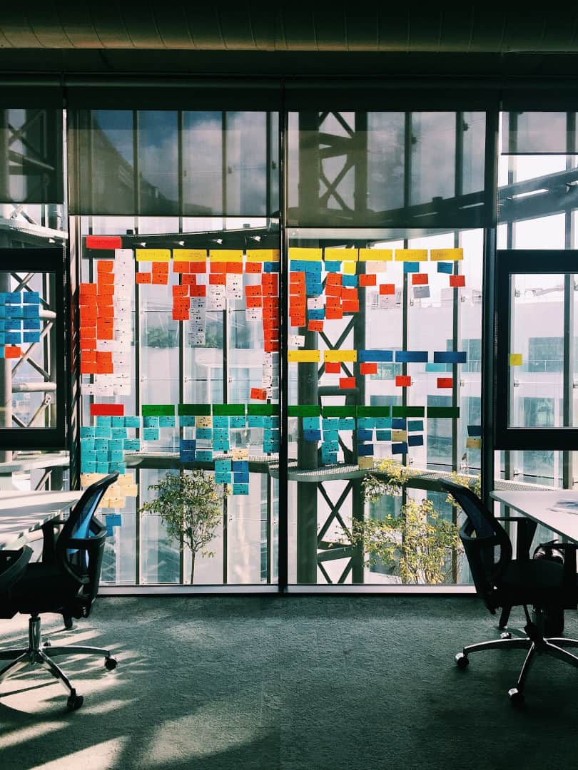 Colour-coded sticky notes on an office glass wall, laid out as a sprint planning board